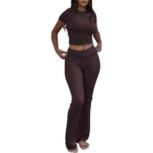 Casual Workout Two Piece Outfits for Women Short Sleeve Crop High Waist Flare
